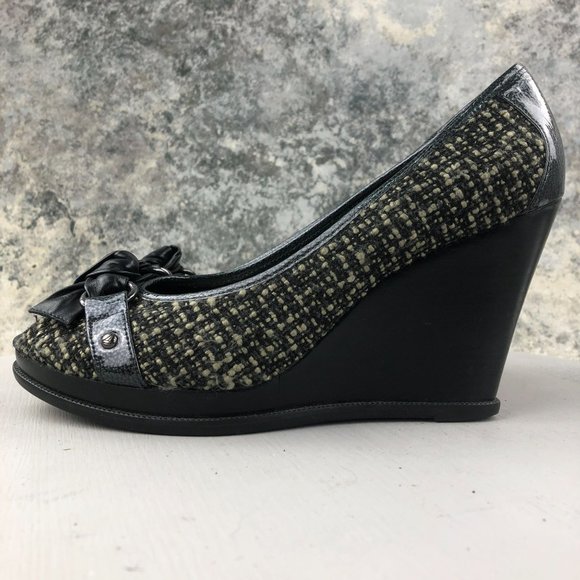 Sperry Women's Size 9.5M Top Sider Black Cream Tweed Peep Toe High Heel Wedges - Picture 5 of 13